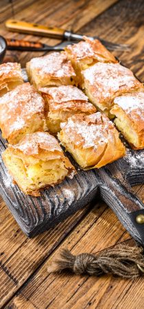 Bougatsa with custard cream and powdered sugar